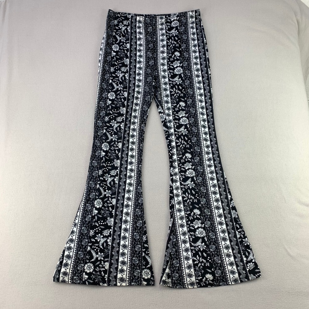 Maternity Vibes Floral Flare Pants Women Large Black White Boho Comfort Stretch